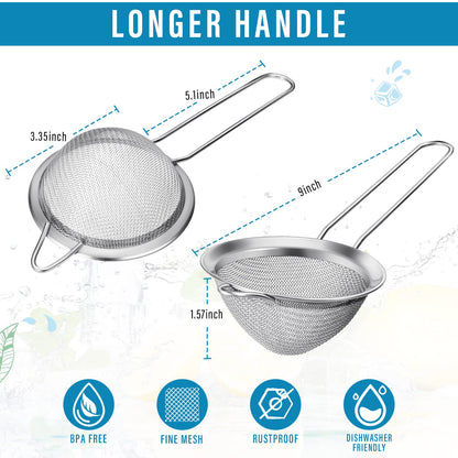 Epakh 9 Packs Stainless Steel Small Strainer, Fine Mesh Steel Cone Shaped Cocktail Strainer for Juice, Tea Herbs, Coffee Drinks, Long Handle Coffee Food, 3.2 Inches Silver
