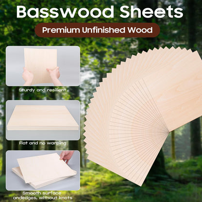 Basswood Plywood Sheets,12 Pack 12 x 12 x 1/16 Inch Unfinished Plywood Sheets for Laser Cutting,Engraving,Wood Burning,Drawing,Dollhouse,Diorama,Studio DIY & Party Decor