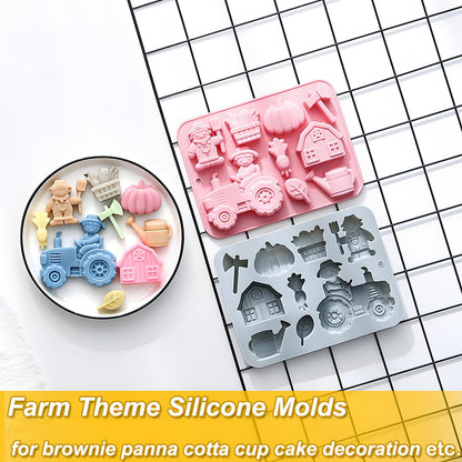2 Pack Silicone Chocolate Molds with Farm Theme Pumpkin Tractor Axe Watering Pot House Handmade Soap Mold 9 Cavity Gummy Ice Cube Crayon Pastry Baking Tools for Cookie Chocolate Cake Décor