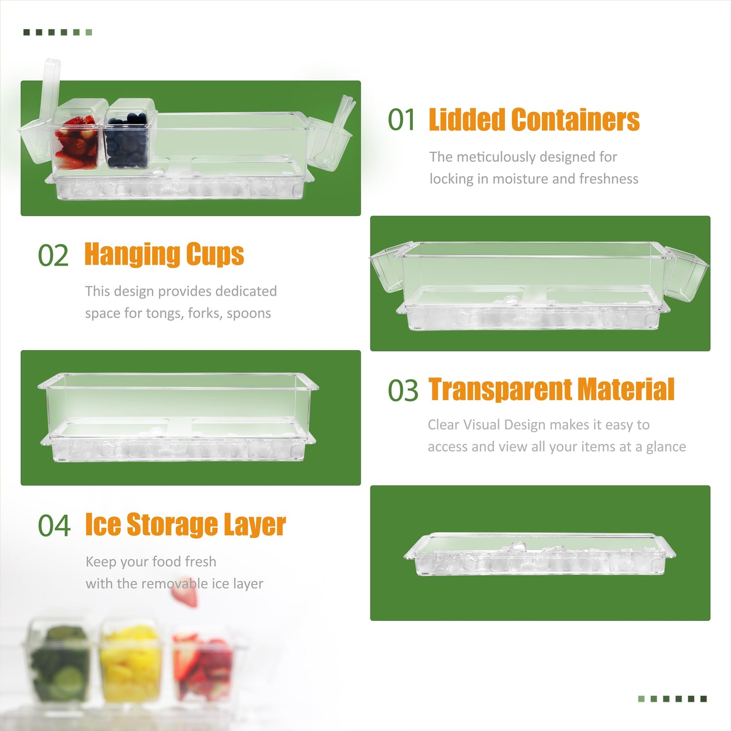 IVYHOME Chilled Condiment Server, Taco Bar Serving Set, Versatile Ice Containers, with 5 Lidded Containers and Detachable Ice Storage Layer, 2 Hanging Cups for Storing Tong and Forks