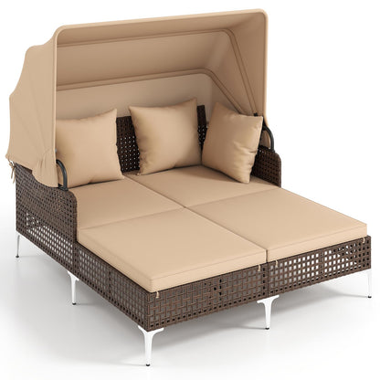 Tangkula Outdoor Rattan Daybed with Retractable Canopy, Boho Patio Wicker Sunbed with Metal Support, Pillows & Cushions, Outdoor Double Chaise Lounge with Shade for Backyard, Poolside, Deck & Balcony