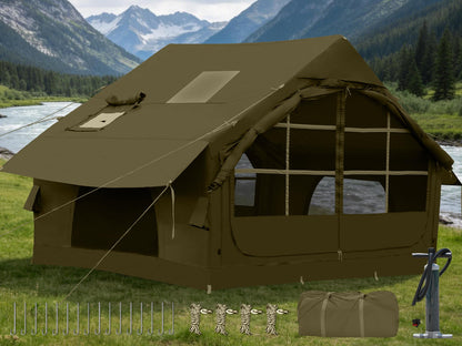 4-6 Person Inflatable Tent for Camping with Stove Jack, Hand Air Pump Easy Setup Blow Up Tents for 4 Seasons Waterproof Inflatable Air House Tent for Outdoor Adult