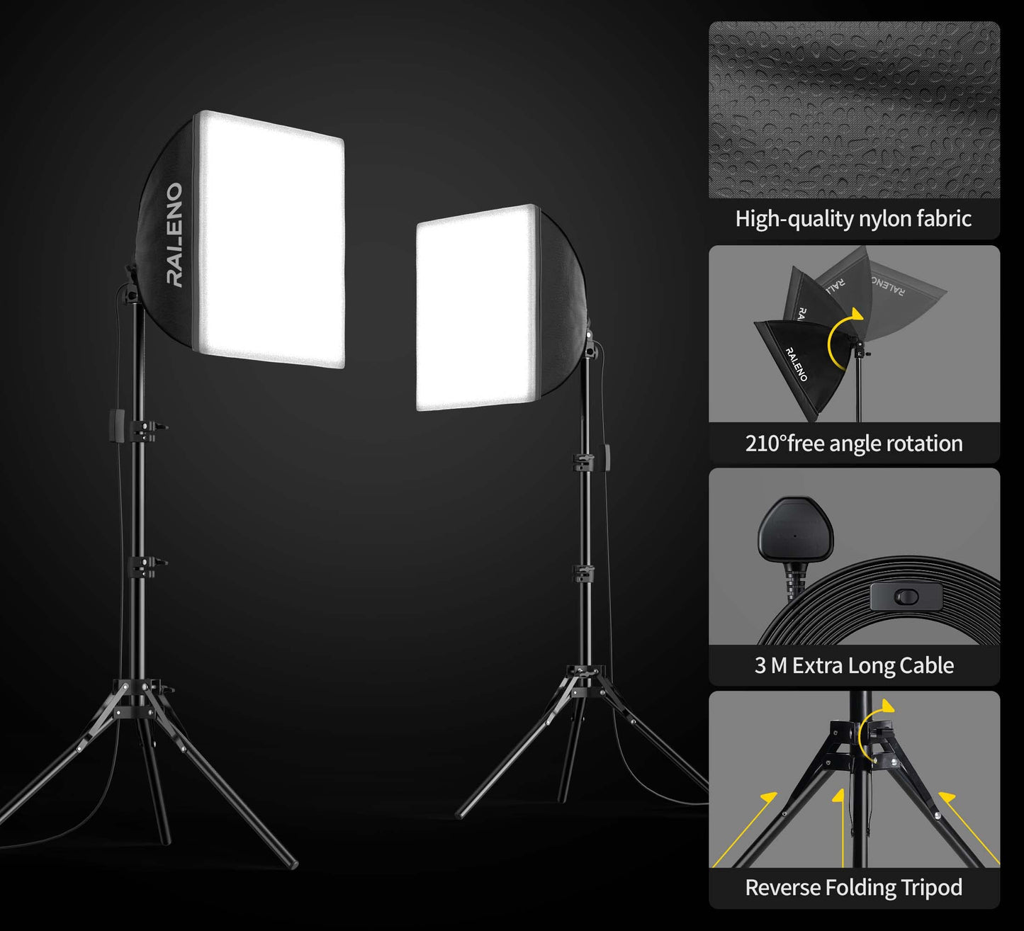RALENO Softbox Lighting Kit, 2 x 16'' x 16'' Photography Studio Equipments with 50W / 5500K / 95 CRI LED Bulbs, Continuous Lighting System for Video Recording and Photography Shooting Model：PS080
