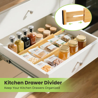 Fyvva Drawer Divider, Adjustable Bamboo Kitchen Drawer Organizer, Spring Loaded Drawer Organizer, Dresser Separators for Kitchen, Bathroom, Clothes, Office Desk Storage (Natural, 4 Pack Large)
