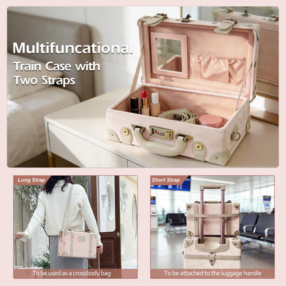 UNIWALKER Vintage Leather Suitcase Set of 2, Retro Trunk Style Spinner Luggage with Cosmetic Train Bag for Women(Velvet Pink, 26''+12'')