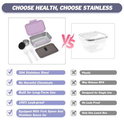 Reeple Stainless Steel Lunch Box, Leak-Proof Metal Bento Box with Adjustable Divider, Lunch Container for School Office Picnics & Travel, Microwave-Safe, Purple