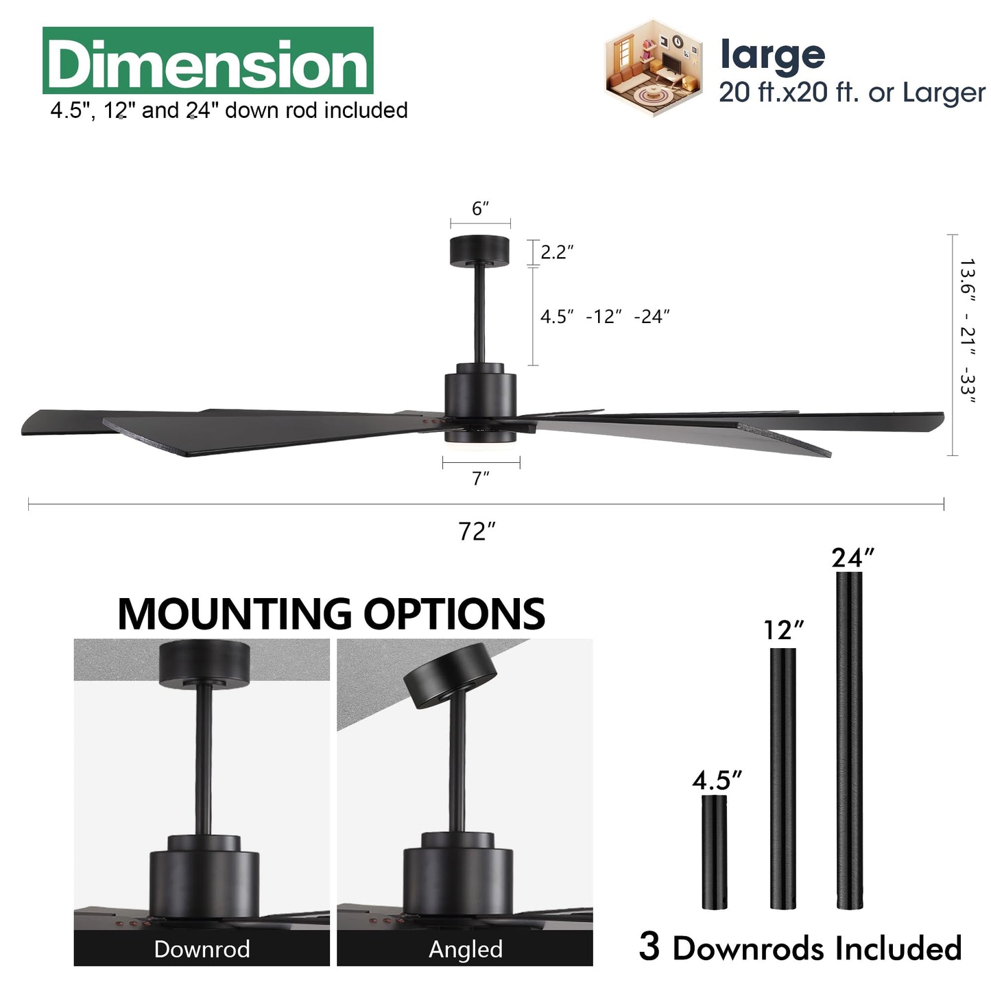 WINGBO 72" DC Ceiling Fan with Lights and 3 Downrods, Matte Black, 8 Plywood Blades, 6-Speed Reversible DC Motor, Large for Kitchen, Bedroom, Living Room