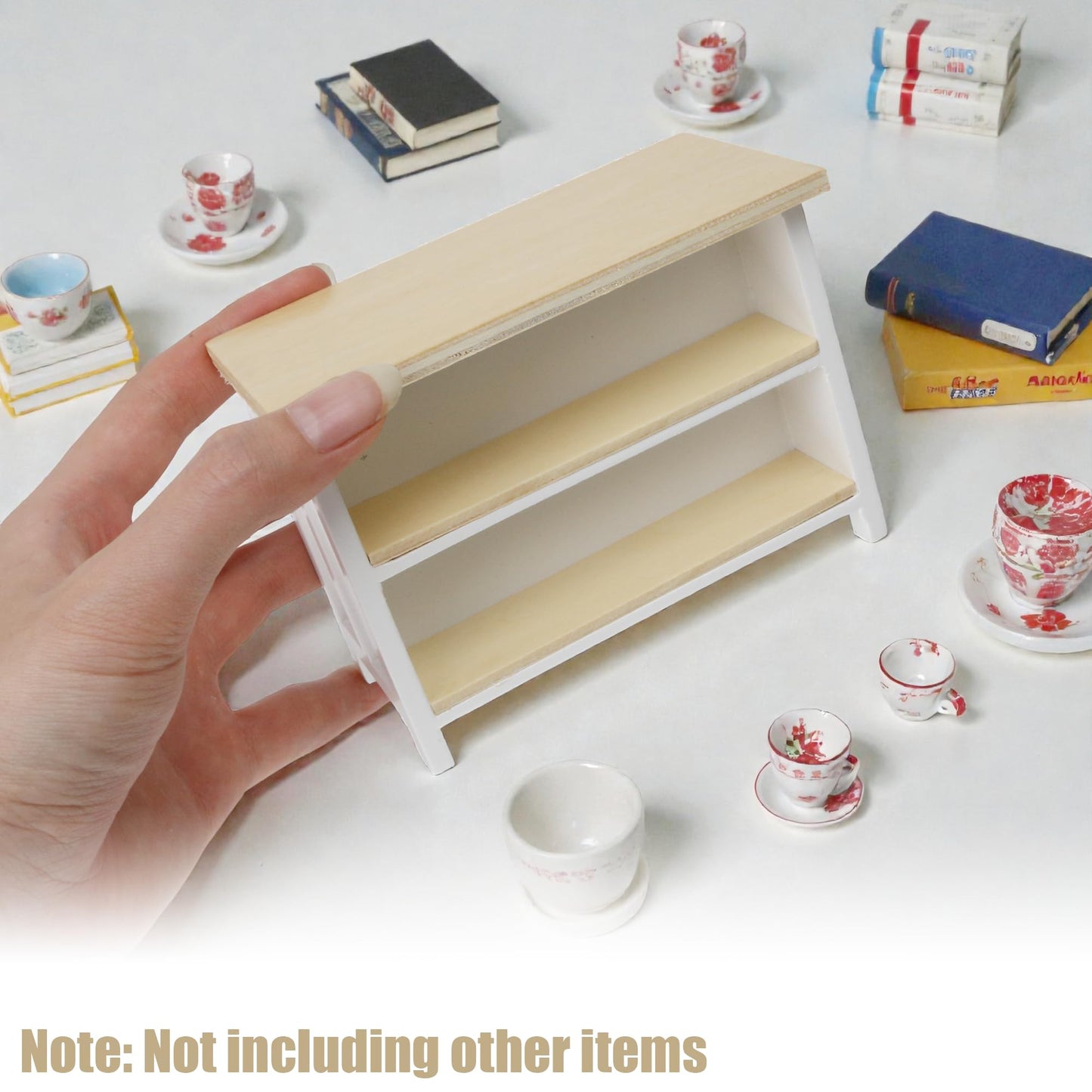 Miniature Dollhouse Kitchen Island, 1/12 Scale Wood Dining Table with Storage Shelves, Modern Furniture Accessories, Rectangular Mini Counter Shelving for Restaurant Pub Bar Decoration, White