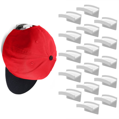 Modern JP Adhesive Hat Hooks for Wall (16-Pack) - Minimalist Hat Rack Design, No Drilling, Strong Hold Hat Hangers - USA Patented, White
