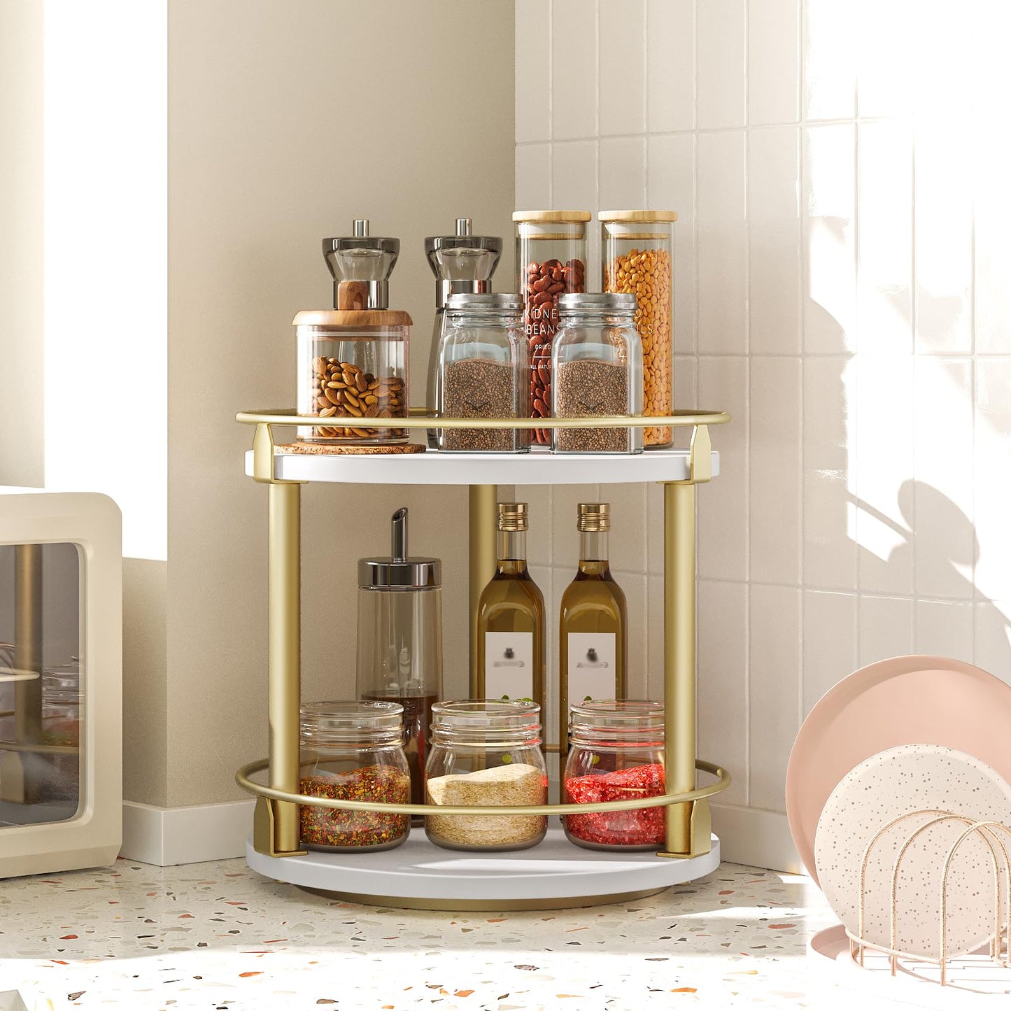 YATINEY Lazy Susan Organizer, Rotating Spice Rack, 2 Tier Spice Turntable Organizer, Industrial Turntable Spice Holder, for Kitchen Countertop and Cabinet, Compact and Versatile, White and Gold SR22DW