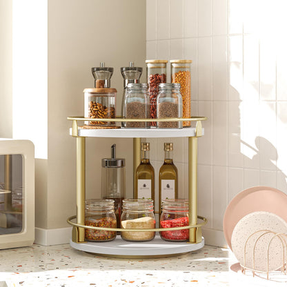 YATINEY Lazy Susan Organizer, Rotating Spice Rack, 2 Tier Spice Turntable Organizer, Industrial Turntable Spice Holder, for Kitchen Countertop and Cabinet, Compact and Versatile, White and Gold SR22DW