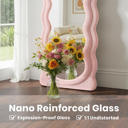 Anpark Full Length Mirror 71"x30" Irregular Wavy Full Body Wall Mounted Floor Mirror with Stand Pink Flannel Frame Leaning Hanging Wall for Bedroom Entrance Hallway