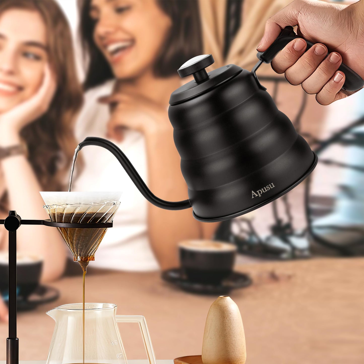 Tea Kettle with Thermometer Pot Black Stovetop Tea Kettle 40oz Gooseneck Kettle Teapot Pour Over Coffee Kettle with Thermometer,1200ml,5 Cup,Black,1Pack