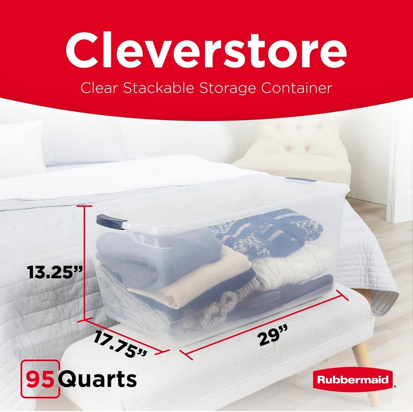 Rubbermaid Cleverstore 95 Qt Clear Storage Bins - Stackable, BPA-Free, 4-Pack, Made in USA