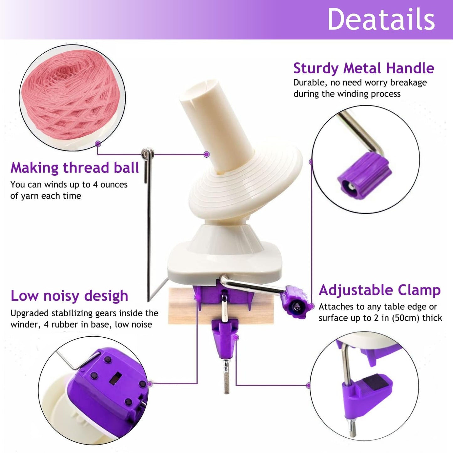 Yarn Ball Winder, Yarn Winder Knitting Set Hand Operated Ball Winder with Tabletop Clamp for Yarn Storage (22) (Purple)