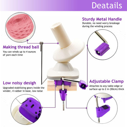 Yarn Ball Winder, Yarn Winder Knitting Set Hand Operated Ball Winder with Tabletop Clamp for Yarn Storage (22) (Purple)