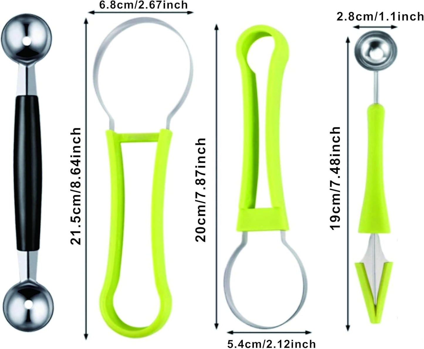 DIANCHU 2 Pieces Melon Baller Scoop Set - 4 In 1 Stainless Steel Fruit Tool Set for Melon Baller, Carving Knife, Seed