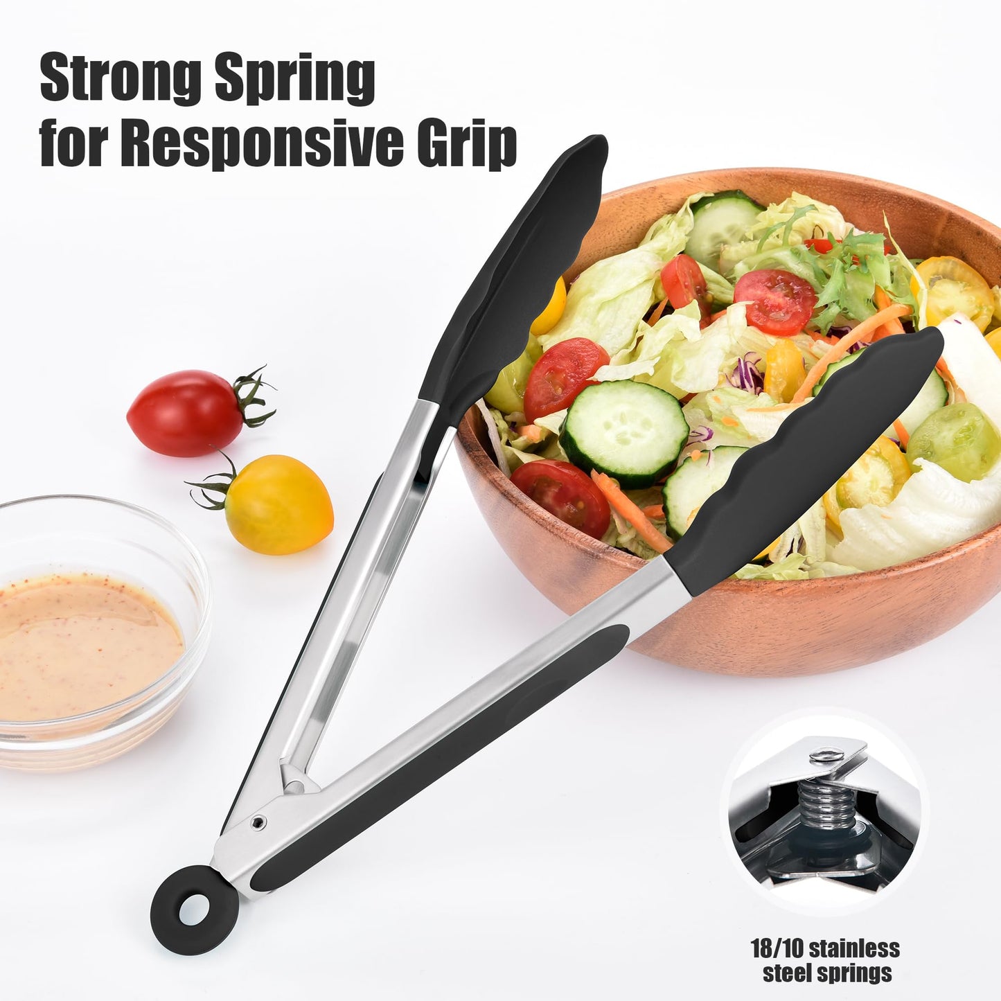 Doosu Kitchen Tongs for Cooking - 600°F Heat Resistant Food Tong Set with Non-Scratch Silicone Tips, Heavy Duty Stainless Steel Locking Tong for BBQ, Grilling Steak, Serving Salad (9+12in, Black)