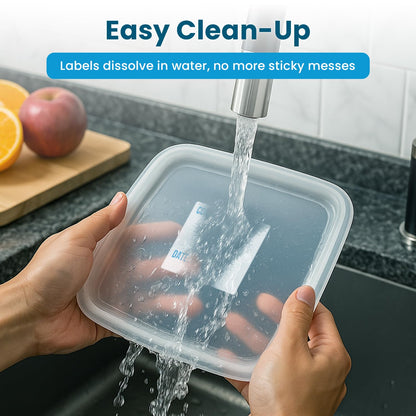 MESS Dissolvable Freezer Labels – 500/Roll Blank Removable Labels for Containers, Food Storage, Bottles, Jars, and Freezer Use (500, 1x2)