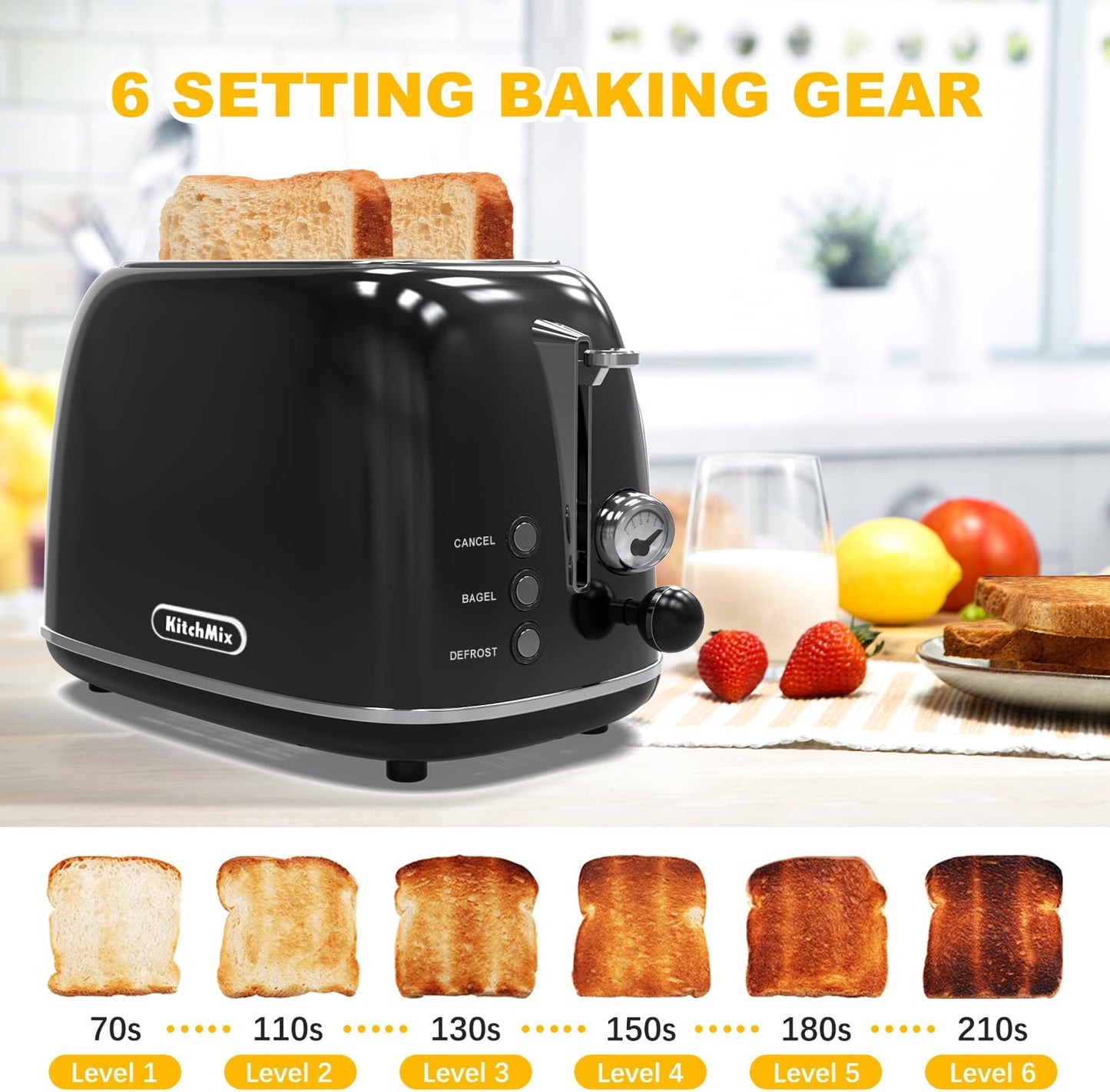 Toaster 2 Slice, Retro Stainless Steel Toaster with 6 Settings, 1.5 In Extra Wide Slots, Removable Crumb Tray, Bagel