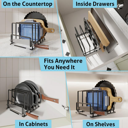 Cutting Board Organizer Rack with 7 Compartments, Heavy-Duty Iron Pan and Baking Sheet Organizer, Kitchen Cabinet Storage Rack with Non-Slip Base, Space-Saving Pot Lid Holder for Countertop & Pantry