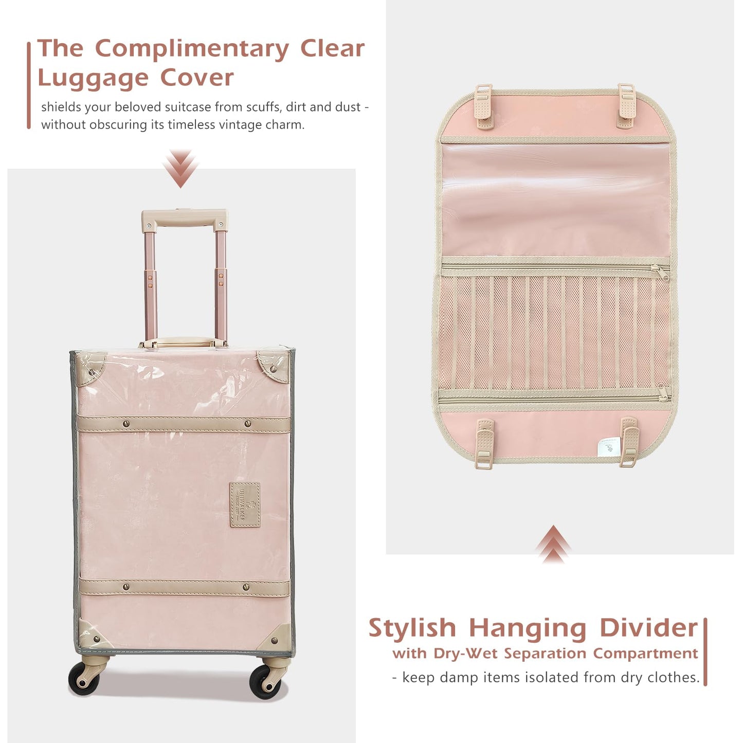 UNIWALKER Vintage Suitcase Set of 3, Retro Leather Travel Luggage with Cosmetic Train Bag for Women(Velvet Pink, 26''+20''+12'')