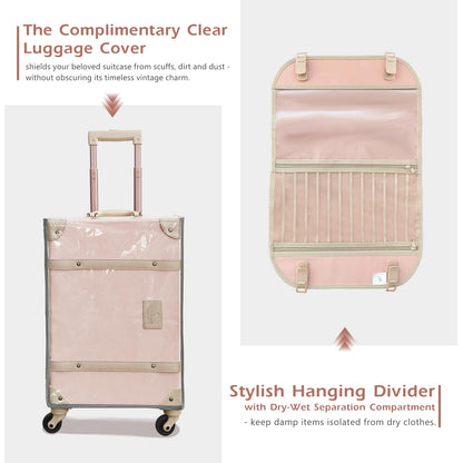 UNIWALKER Vintage Suitcase Set of 3, Retro Leather Travel Luggage with Cosmetic Train Bag for Women(Velvet Pink, 26''+20''+12'')