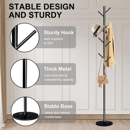 Acteomsly Coat Rack with Natural Marble Base, Metal Freestanding Coat Rack with 8 Hooks, Heavy Duty Coat Hanger Stand for Entryway, Office, Bedroom,Dorm for Coats, Hats, Handbags and Scarves(Black)