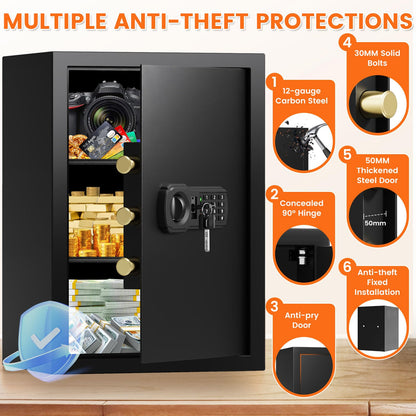 21.65"H Large Safe Box for Home, 3.8 cu ft Anti-Theft Safe with A4 Fireproof Bag, Steel Security Safe with Keypad Lock, Backup Keys, External Power Supply Box, Document Safe for Cash Medicine Document