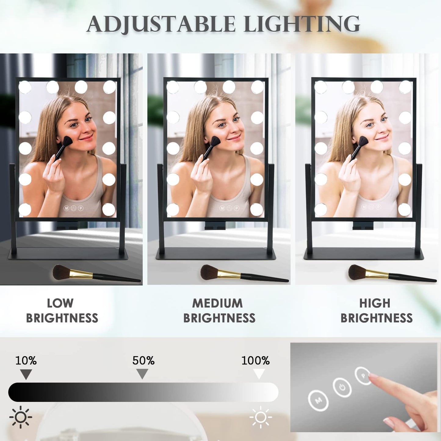 Lighted Makeup Mirror Hollywood Mirror Vanity Mirror with Lights, Touch Control Design 3 Colors Dimable LED Bulbs, Detachable 10X Magnification, 360°Rotation, (White) 12" L x 14" W