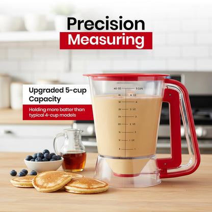 Eggssentials - Pancake dispenser, 5-Cup/1200ml Pancake Dispenser for Batter, Cupcake Batter Dispenser, Waffles & Crepes, Easy Squeeze Handle, Dishwasher Safe - Red Pancake Mix Dispenser