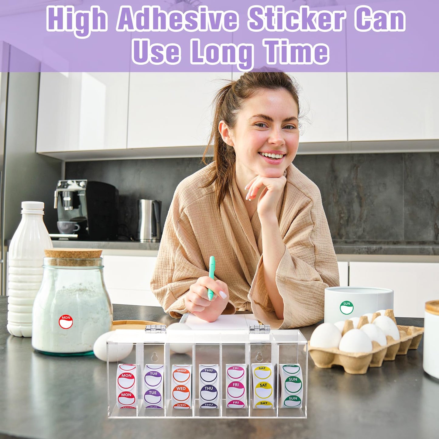 3500 PCS 7 Days of The Week Stickers 0.79 Inch Sticker Roll Dispenser Holder Acrylic Day Dot Dispenser Food Date Labels Stickers Monday to Sunday for Kitchen Restaurant Expiration Date