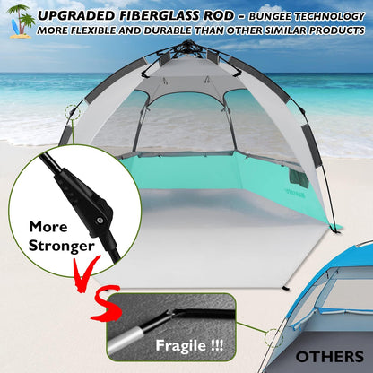 Mansader 2-3 Person Large Instant Pop Up Beach Tent, UV Protection Portable Easy Setup Sun Shade Shelter, Extended Floor with 3 Ventilating Mesh Windows for Outdoor Camping Fishing (Green)