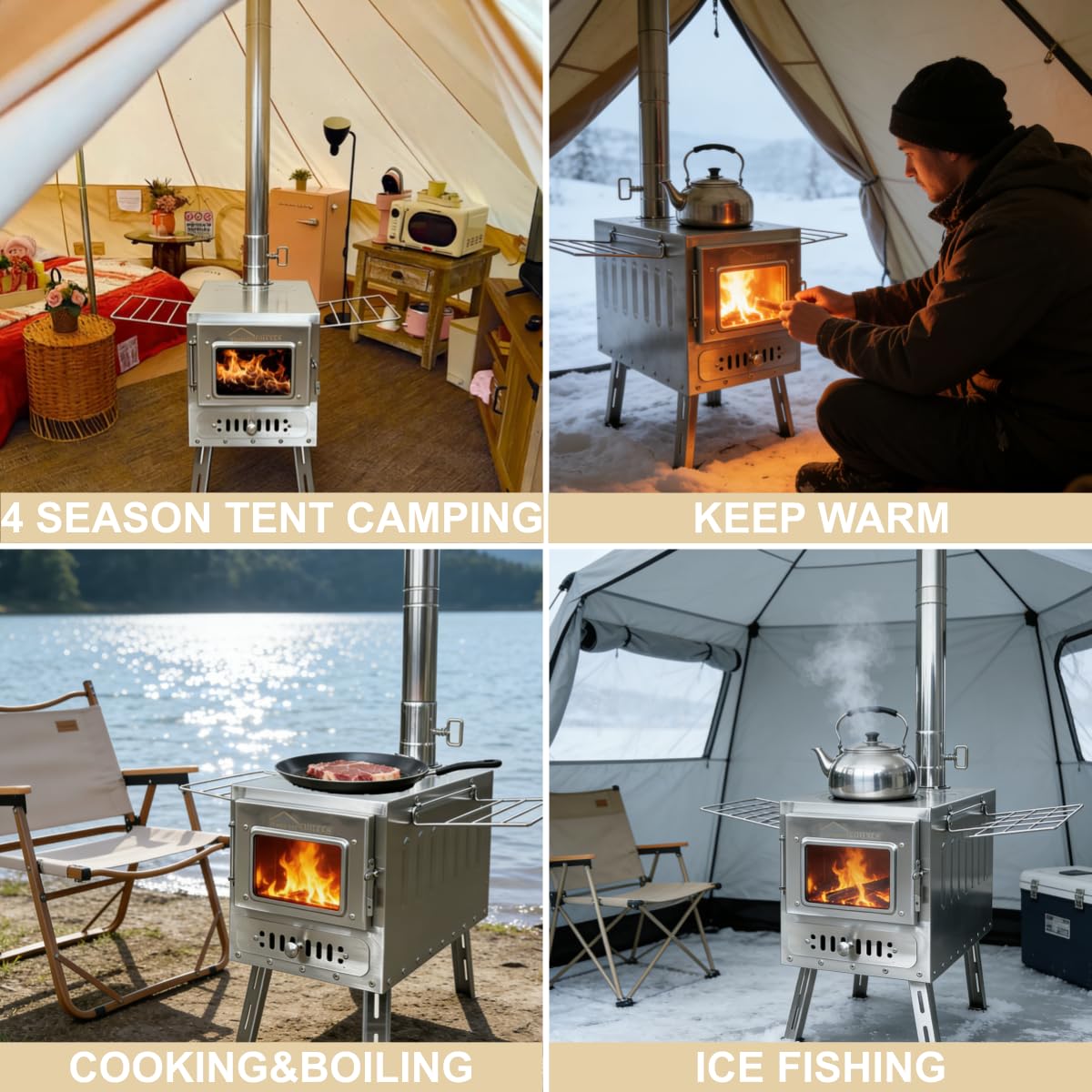 DANCHEL OUTDOOR 4 Season Canvas Yurt Tent with Large Wood Stove, Heavy Duty Bell Tent with Stove Jack 4 Person Winter Camping Glamping, 13ft/4m