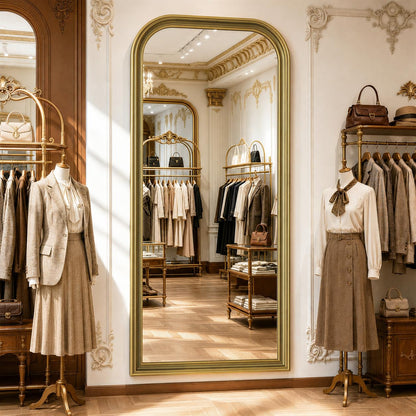 FlyEcho Full Length Mirror with Stand, 71"x32" Full Body Mirror, Floor Length Mirrors Wall Mounted with Rounded Top, Large Standing Mirrors, PU Frame, for Bedroom Living Room Cloakroom, Antique Gold