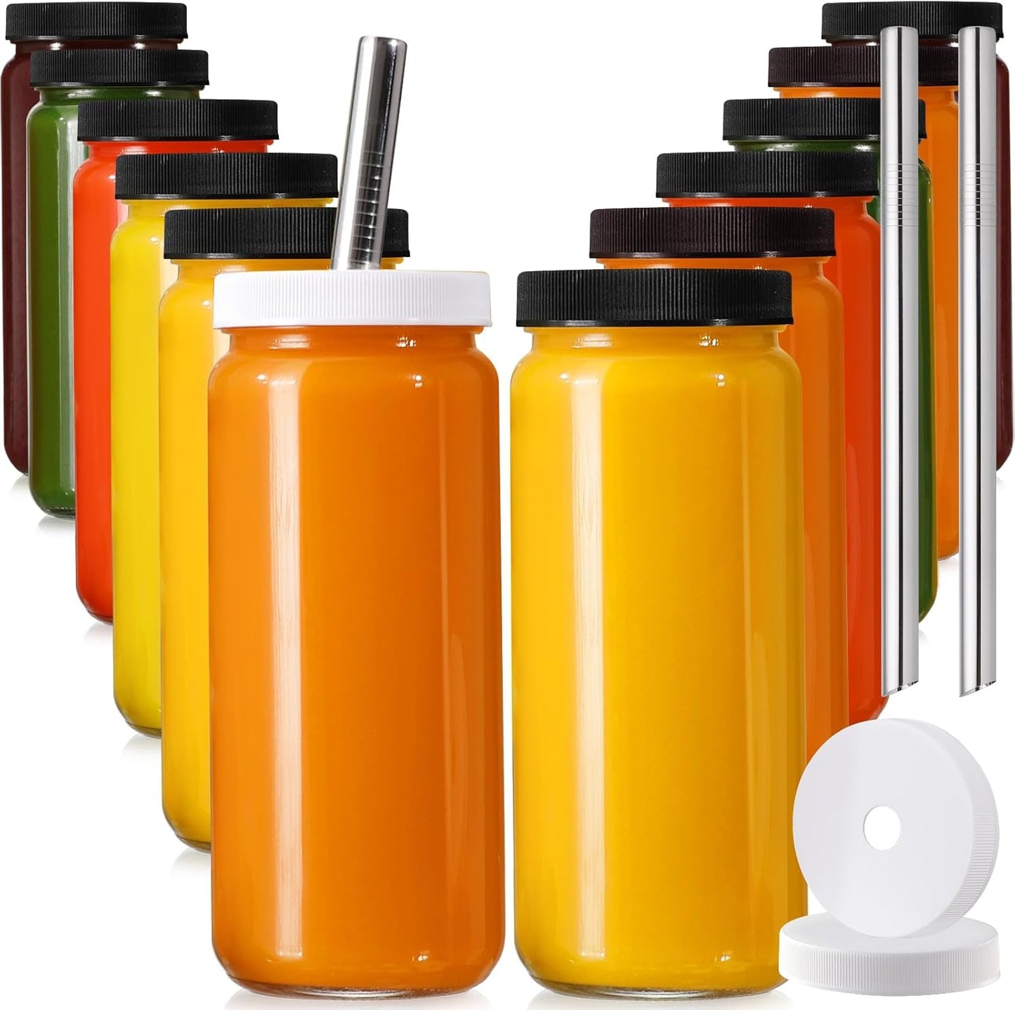12 PACK, 16 OZ 2 Glass Juice Bottles with Airtight Lids, Bonus Straws & Perforated Lids, Reusable Juicer, Juicing