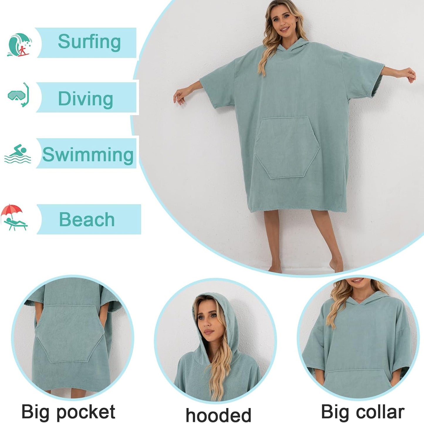 Swimmer Surf Poncho Hooded Towel for Adults Quick Dry Beach Changing Robe with Pockets, Unisex Swim Cover-Up, Grass