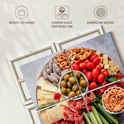 ElephantStock - Charcuterie Board Wall Art - Square Multi Panel Canvas - 4 Piece Dining Room Wall Decor - Photography Food And Drink Multi Piece Wall Art - Brown And Gray Decor - 50" x 50"
