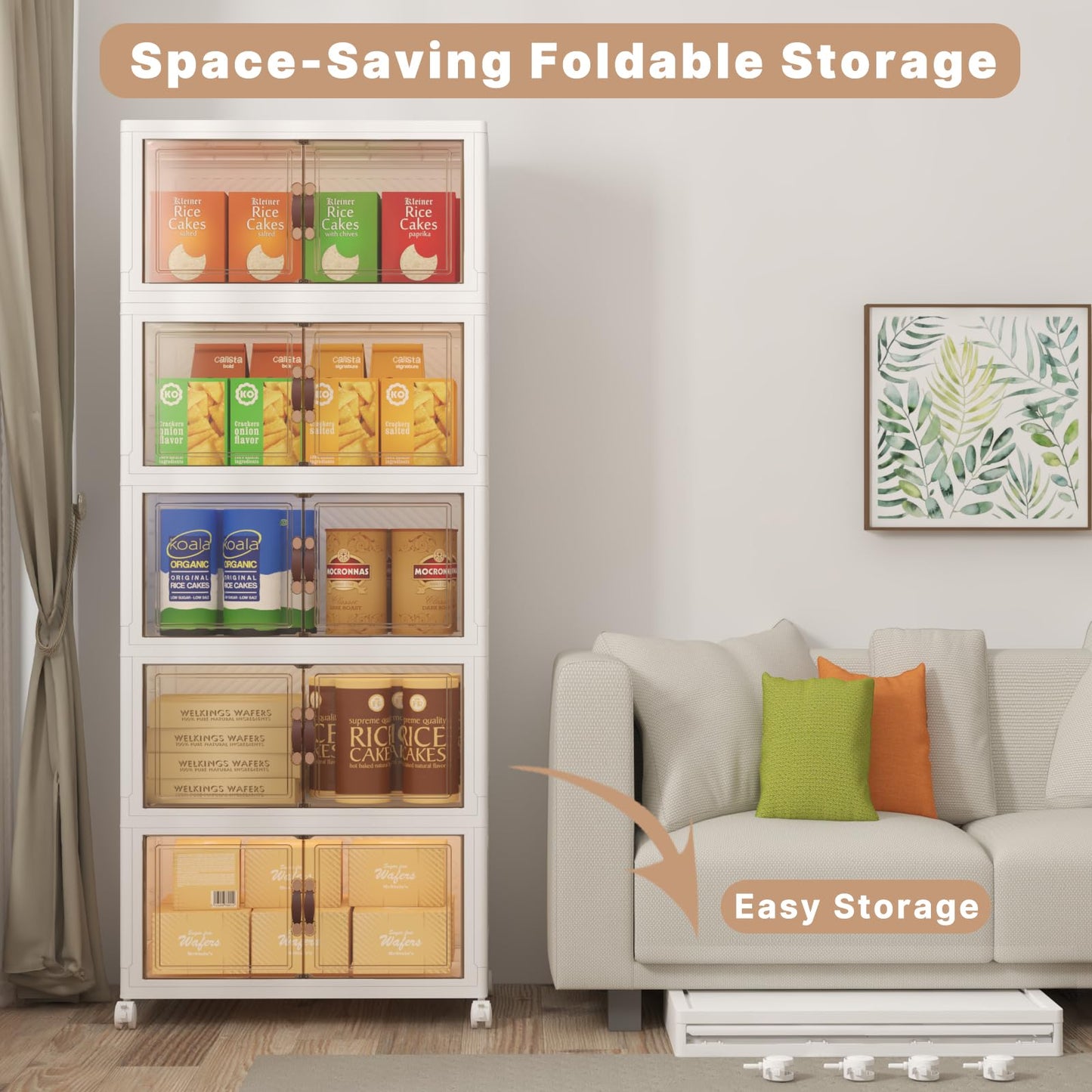 UAMFURI Extra Large Stackable Storage Bins with Lids & Wheels, 600QT-120QT/30GAL*5Pack Foldable Collapsible Closet Organizers Storage Cabinet with Doors for Bedroom Dorm