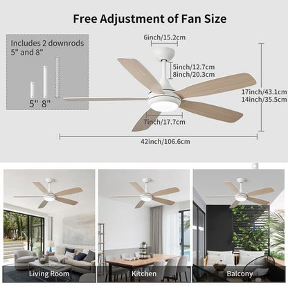 42 Inch Solid Wood Ceiling Fans with Lights and Remote, Dimmable 6-Speed Outdoor Ceiling Fan with Light, 5 Blade Ceiling Fan with 3-Timer Reversible DC Motor for Bedroom, Living Room - White ﻿