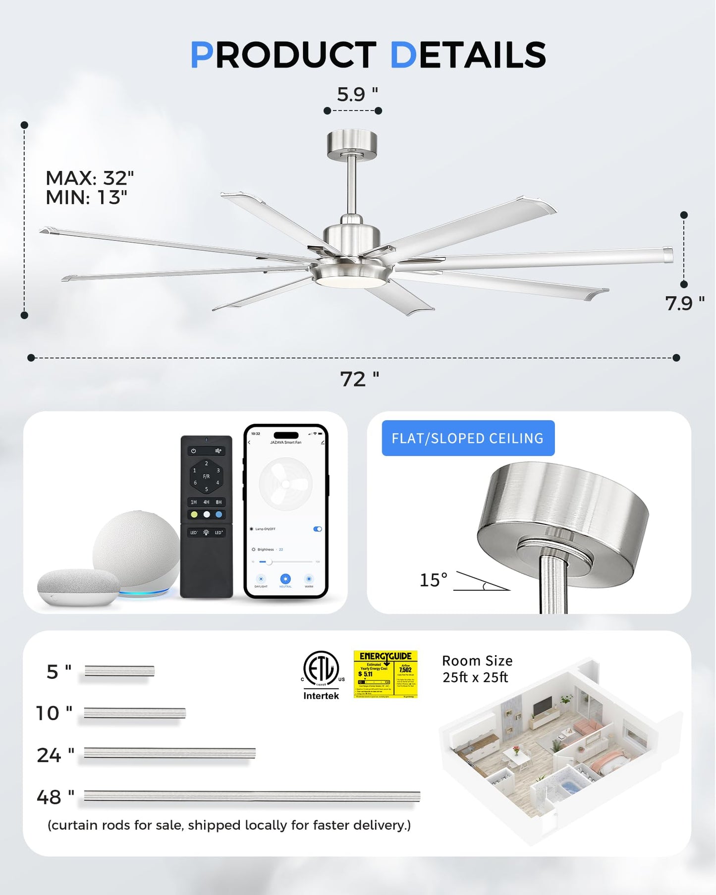 JAZAVA 72 Inch Bruehed Nickel Ceiling Fan With Light,Smart Fan Work With Alexa,Industrial Ceiling Fan With 8 Aluminium Metal Blades,Ideal for Courtyard,Patio and Living Room,CF04BN-72