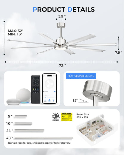 JAZAVA 72 Inch Bruehed Nickel Ceiling Fan With Light,Smart Fan Work With Alexa,Industrial Ceiling Fan With 8 Aluminium Metal Blades,Ideal for Courtyard,Patio and Living Room,CF04BN-72