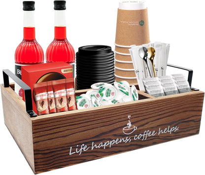 Farmhouse Coffee Station Organizer Basket for Countertop, Wooden Tray for Coffee Supplies, Sugar, Syrup, Tea (Brown)