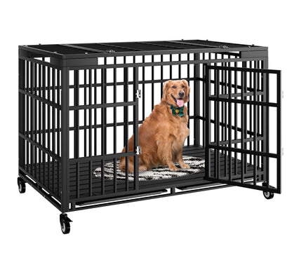 HMHTCT 54 Inch Heavy Duty Dog Crate with Wheels,Indestructible Escape-Proof Dog Kennel with Locking Latch and Double Door,Extra Large XL XXL Crate Indoor for Large and Medium Dog with Removable Tray