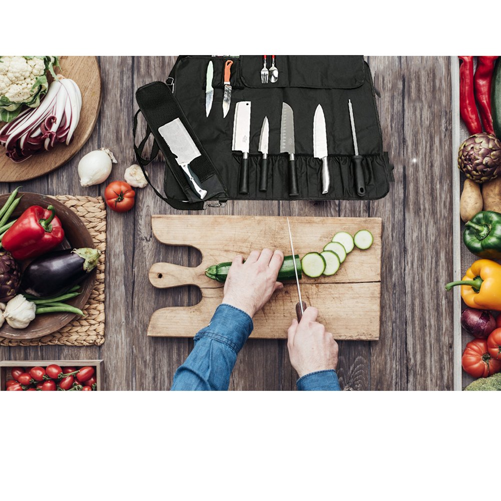 HERSENT Knife Roll,Chef Knife Roll Bag With 17 Slots Can Holds13 Knives,1 Meat Cleaver, And 3 Utensil Pockets,Durable Knife Bag With Handle,Shoulder Strap & Zippered Mesh Pocket Holder
