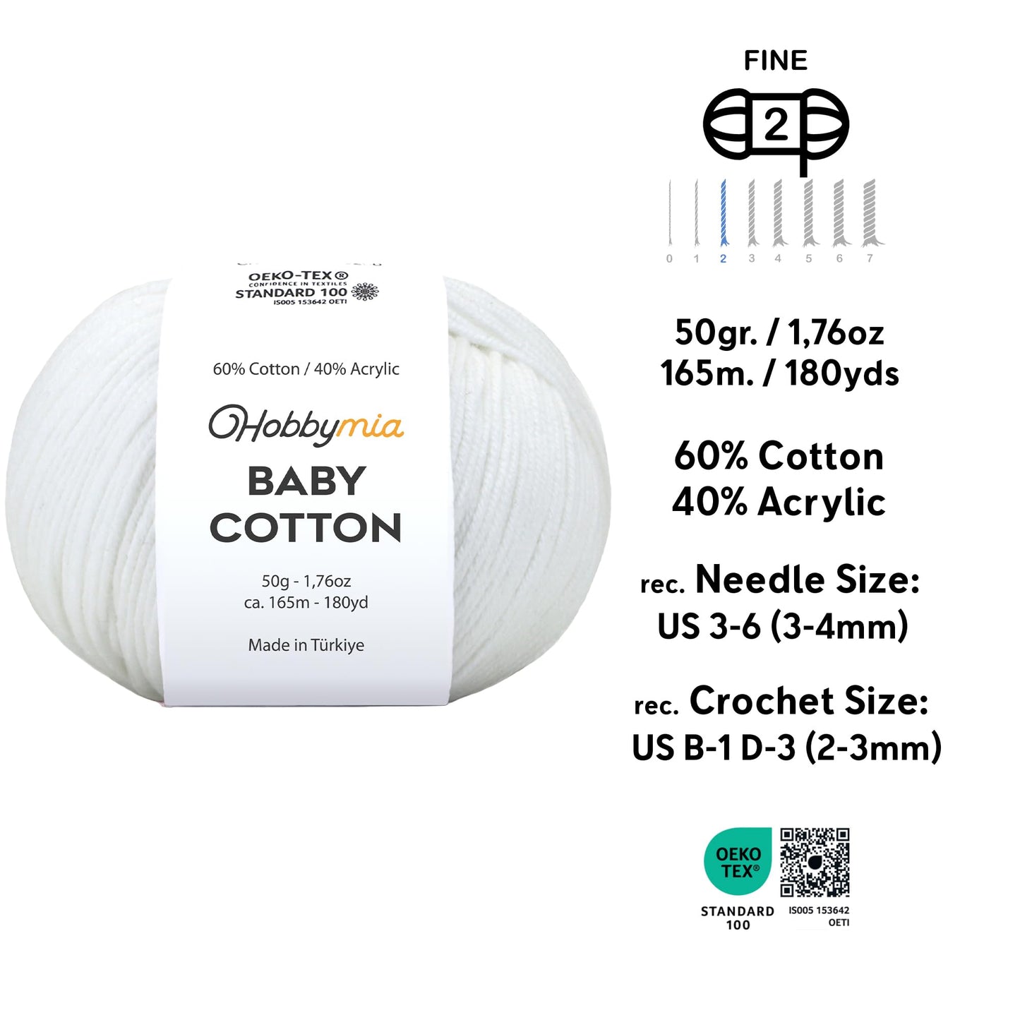 HobbyMia Baby Cotton Blend Yarn – Soft Sport Weight Yarn for Crochet & Amigurumi - 50g/180yds - 60% Cotton 40% Acrylic - Ideal for Baby & Knitting Proj. & 10 Stitch Markers(White, 4 Balls)