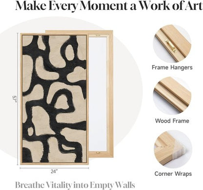 Framed Neutral Abstract Wall Art - Extra Large Black & Beige Canvas Print for Living Room | 30x60 Inch