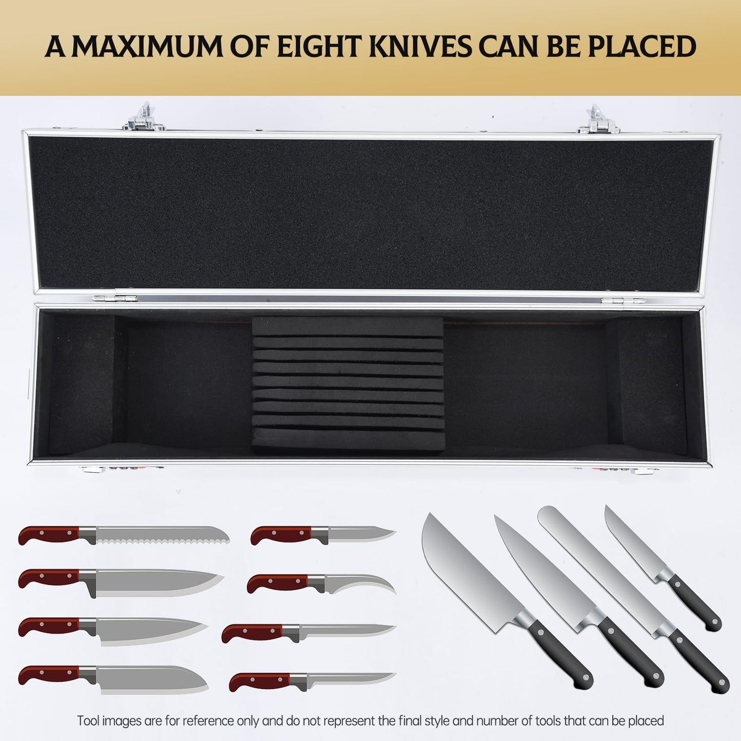 Chef’s Knife Case Aluminum Hard Case with Dual Combination Locks Cultery Carrier Portable Knife Organizer Block Holders Protectors With 8 Slots Can Hold Home Black