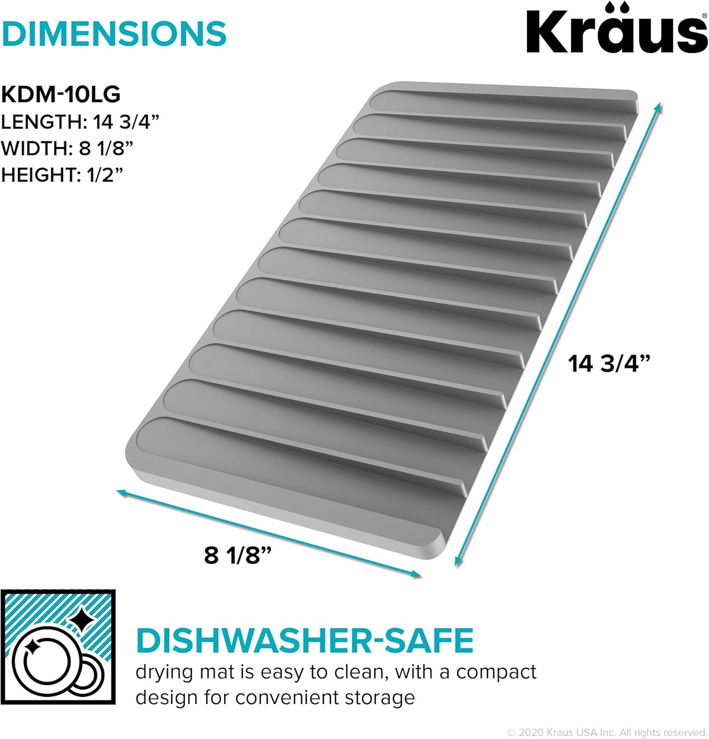 Kraus Self-Draining Silicone Dish Drying Mat for Kitchen Counter, Dark Grey, KDM-10DG