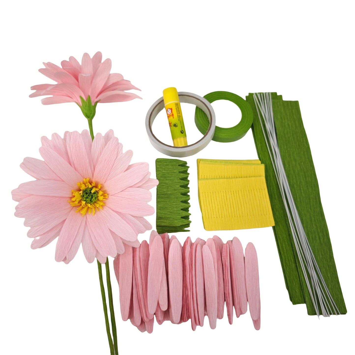 Pink Daisy for Home Decor Events DIY Crepe Paper Flower Bouquet Making Kit Complete Craft Materials for Floral Art 12 Qty